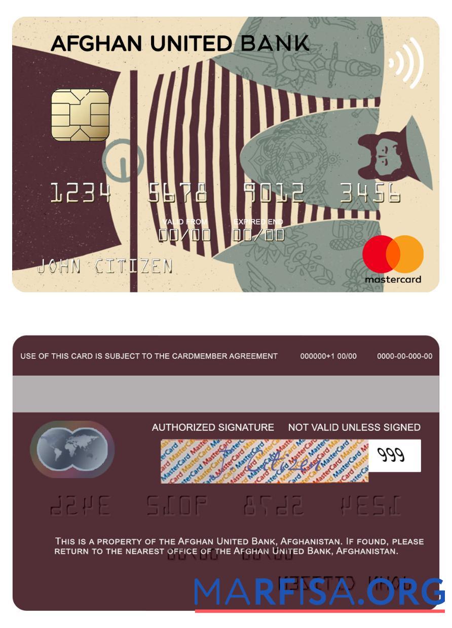 Realistic Afghanistan Afghan United Bank mastercard example